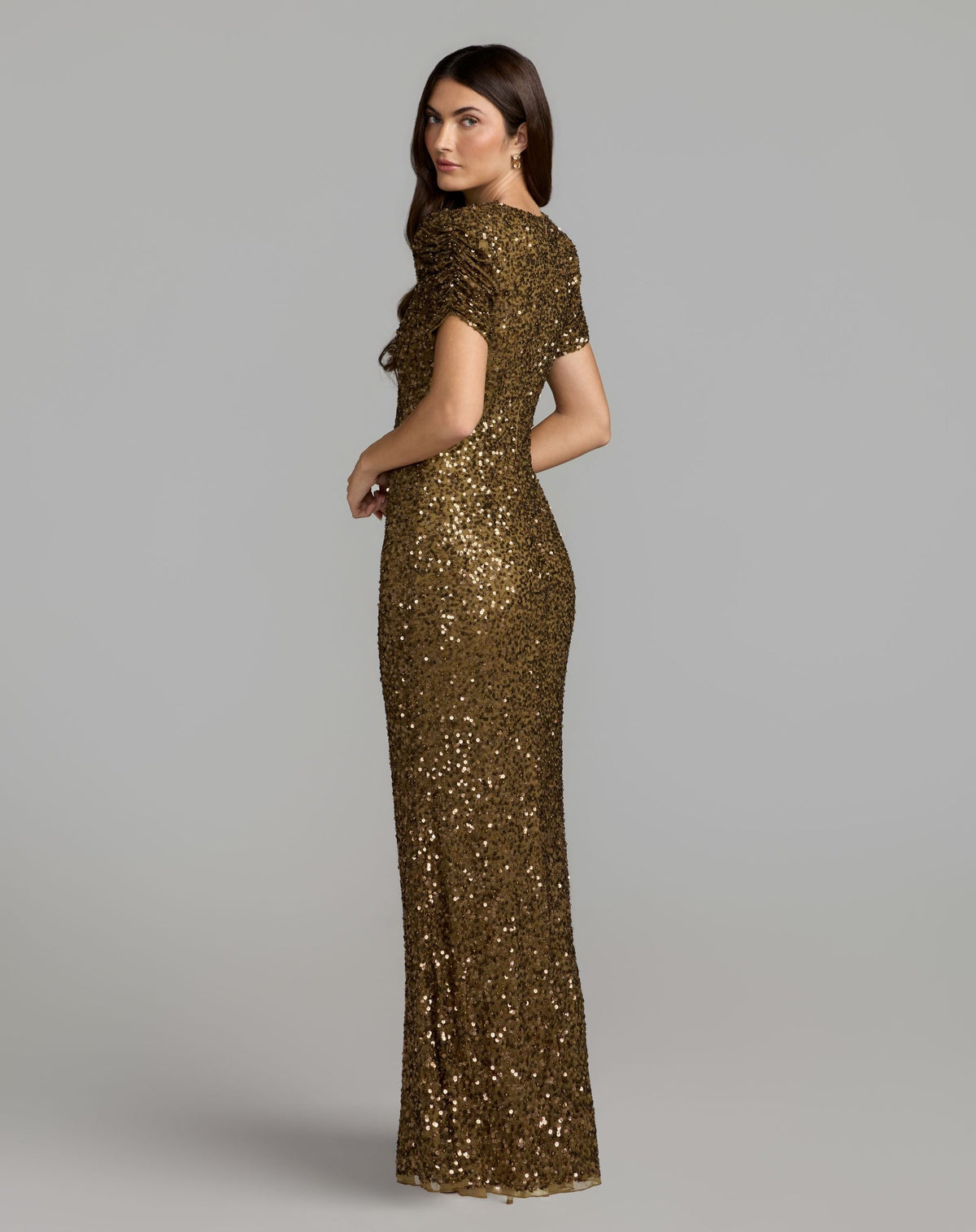 Mac Duggal Brown Gathered Short Sleeve Embellished Gown