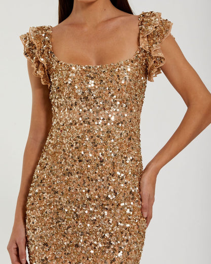 Mac Duggal Gold Sequin Flutter Sleeve Trumpet Gown