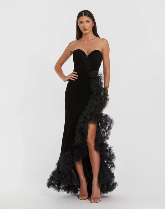 Mac Duggal Black Strapless Velvet Mermaid Gown with Ruffle Slit
