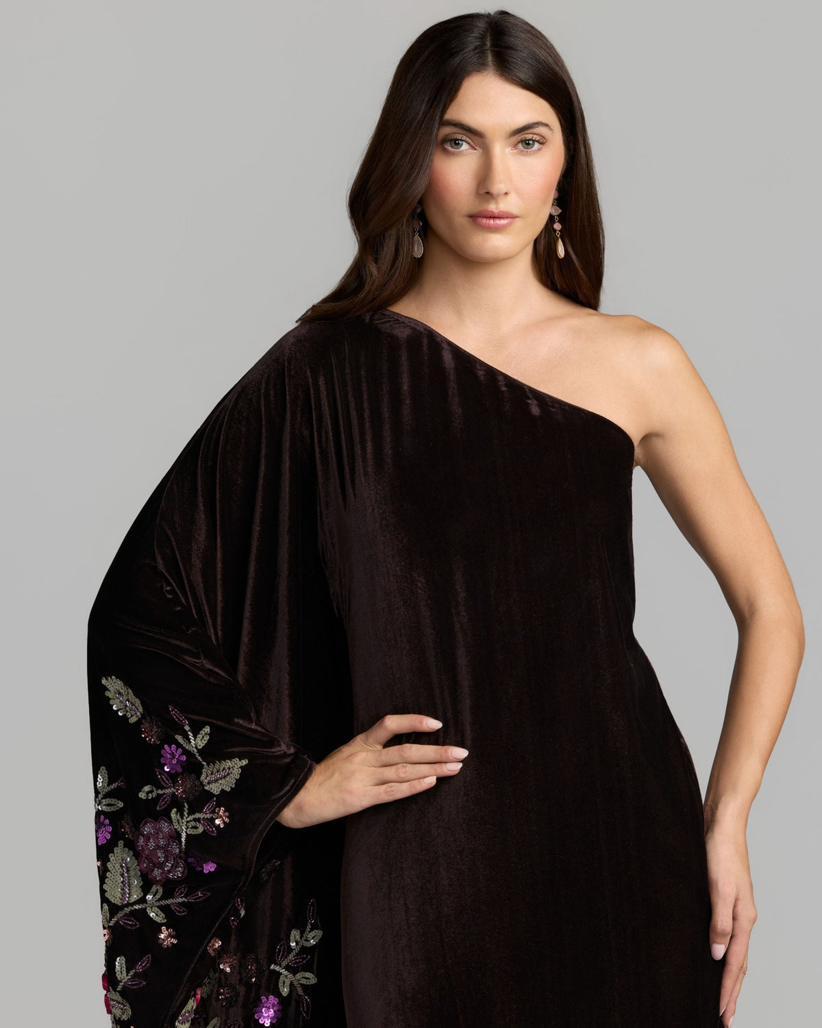 Mac Duggal Burgundy Embellished Velvet Kaftan Gown