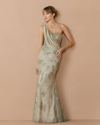 Mac Duggal Green Beaded One Shoulder Draped Mermaid Gown