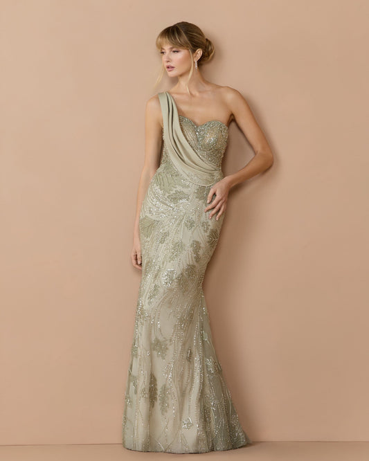 Mac Duggal Green Beaded One Shoulder Draped Mermaid Gown
