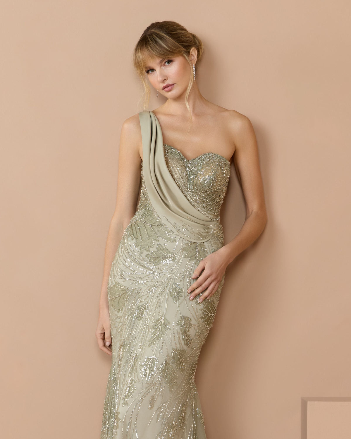Mac Duggal Green Beaded One Shoulder Draped Mermaid Gown