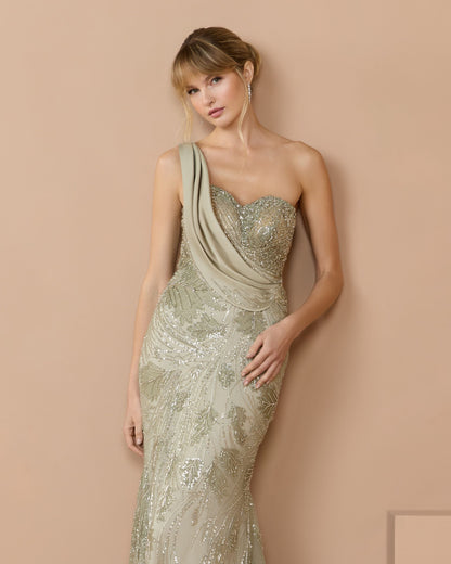 Mac Duggal Green Beaded One Shoulder Draped Mermaid Gown