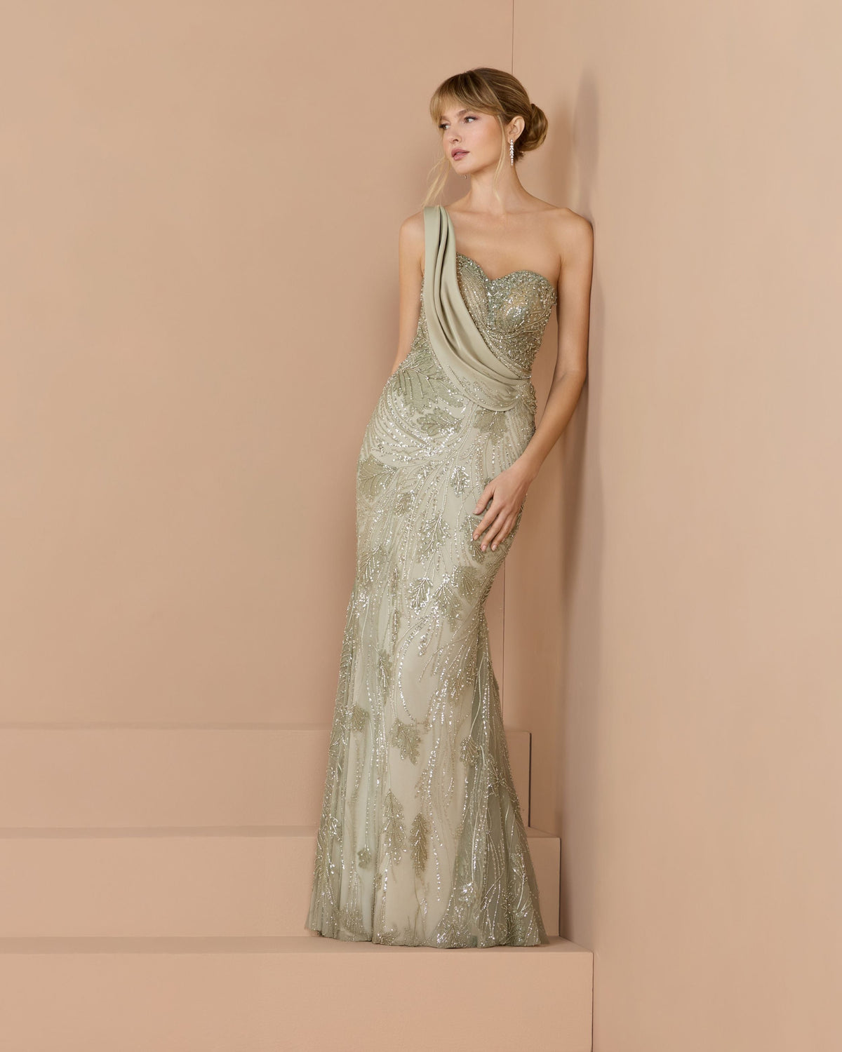 Mac Duggal Green Beaded One Shoulder Draped Mermaid Gown