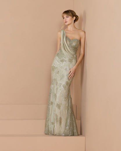 Mac Duggal Green Beaded One Shoulder Draped Mermaid Gown