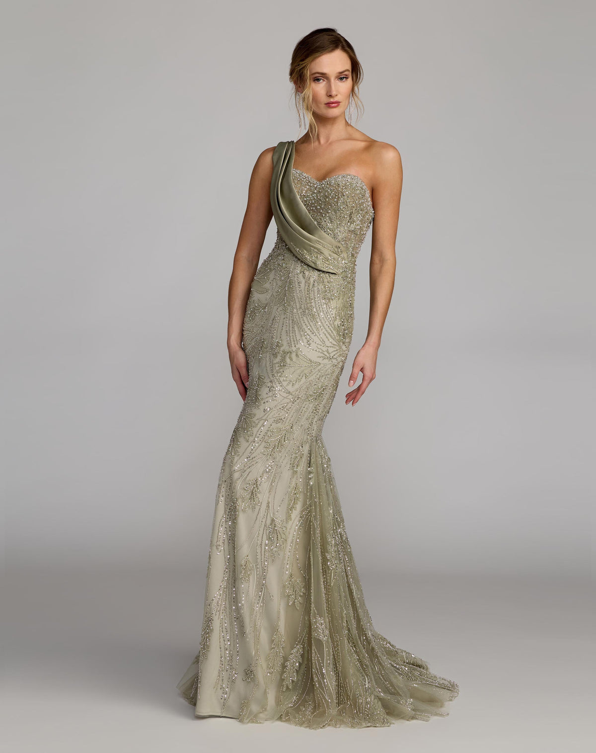 Mac Duggal Green Beaded One Shoulder Draped Mermaid Gown