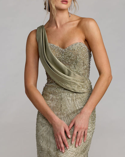 Mac Duggal Green Beaded One Shoulder Draped Mermaid Gown