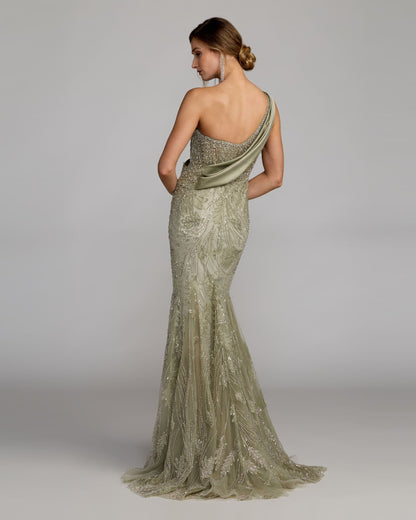 Mac Duggal Green Beaded One Shoulder Draped Mermaid Gown