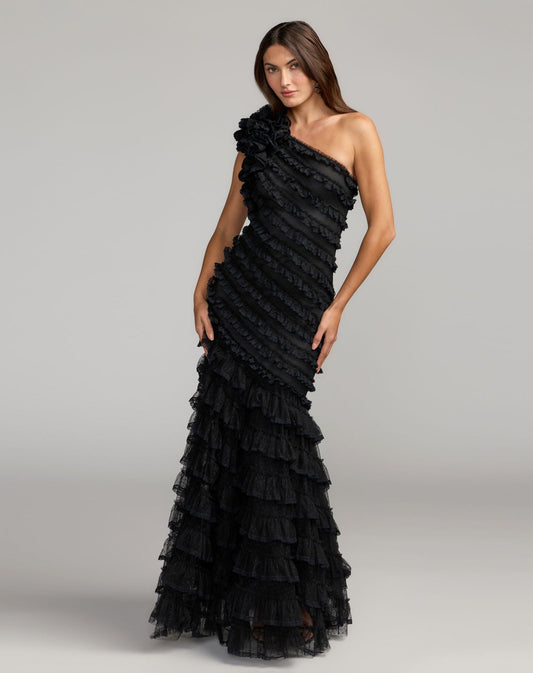 Mac Duggal Black Sleeveless One Shoulder Lace Trim Ruffle Gown