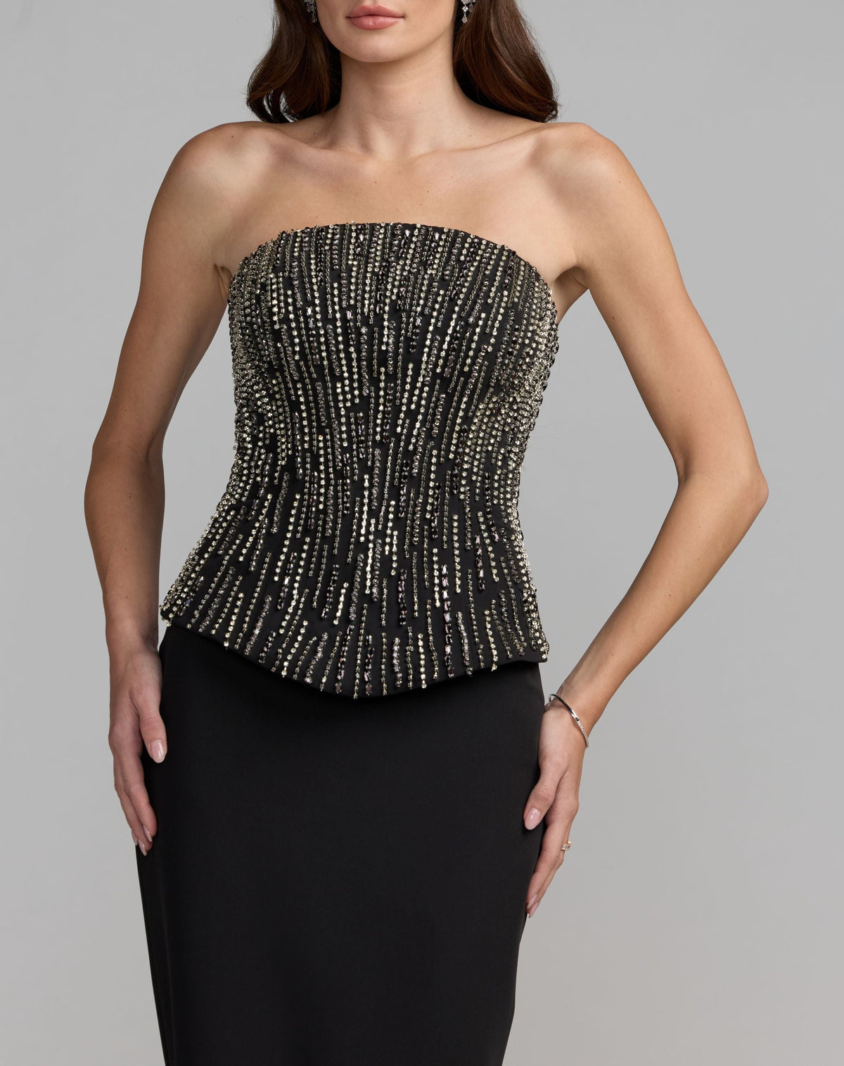 Mac Duggal Black Embellished Crepe Strapless Column Gown