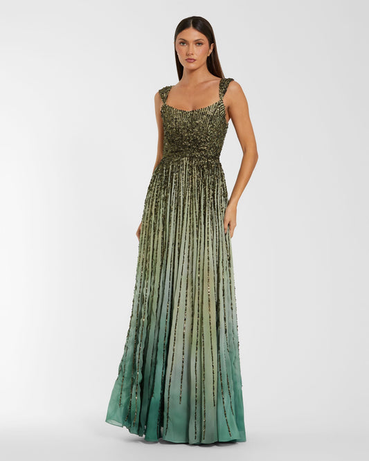 Mac Duggal Green Sleeveless Sequin A Line Ombre Gown