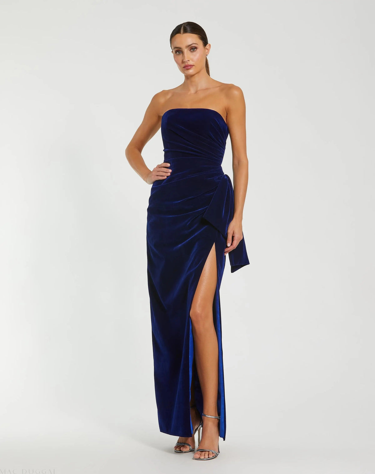 Mac Duggal Blue Strapless High Slit Draped Velvet Gown