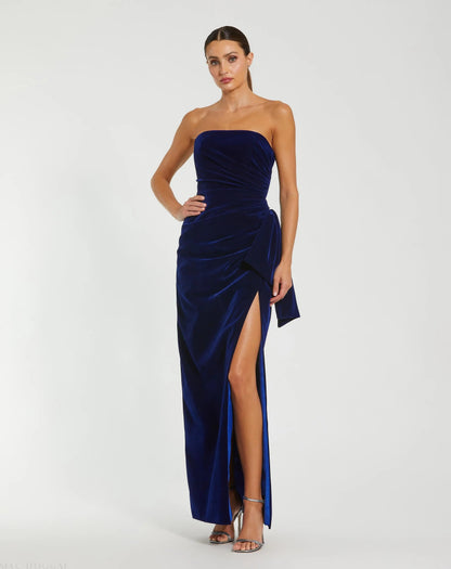 Mac Duggal Blue Strapless High Slit Draped Velvet Gown