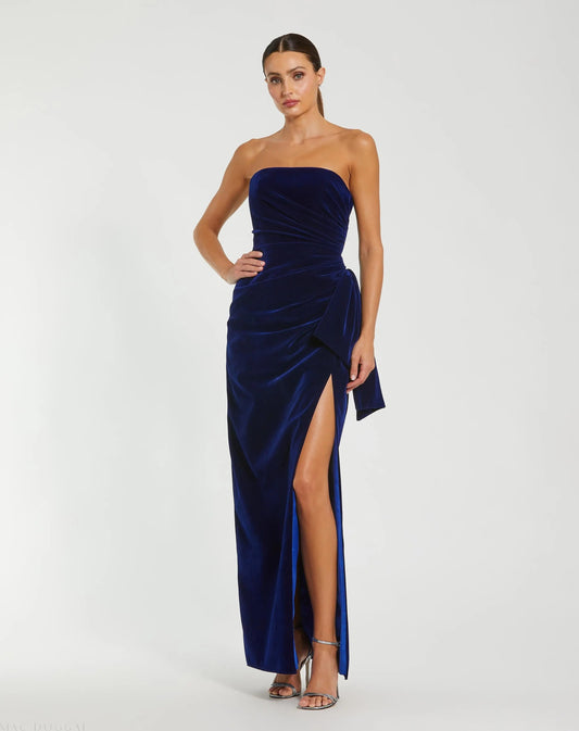Mac Duggal Blue Strapless High Slit Draped Velvet Gown