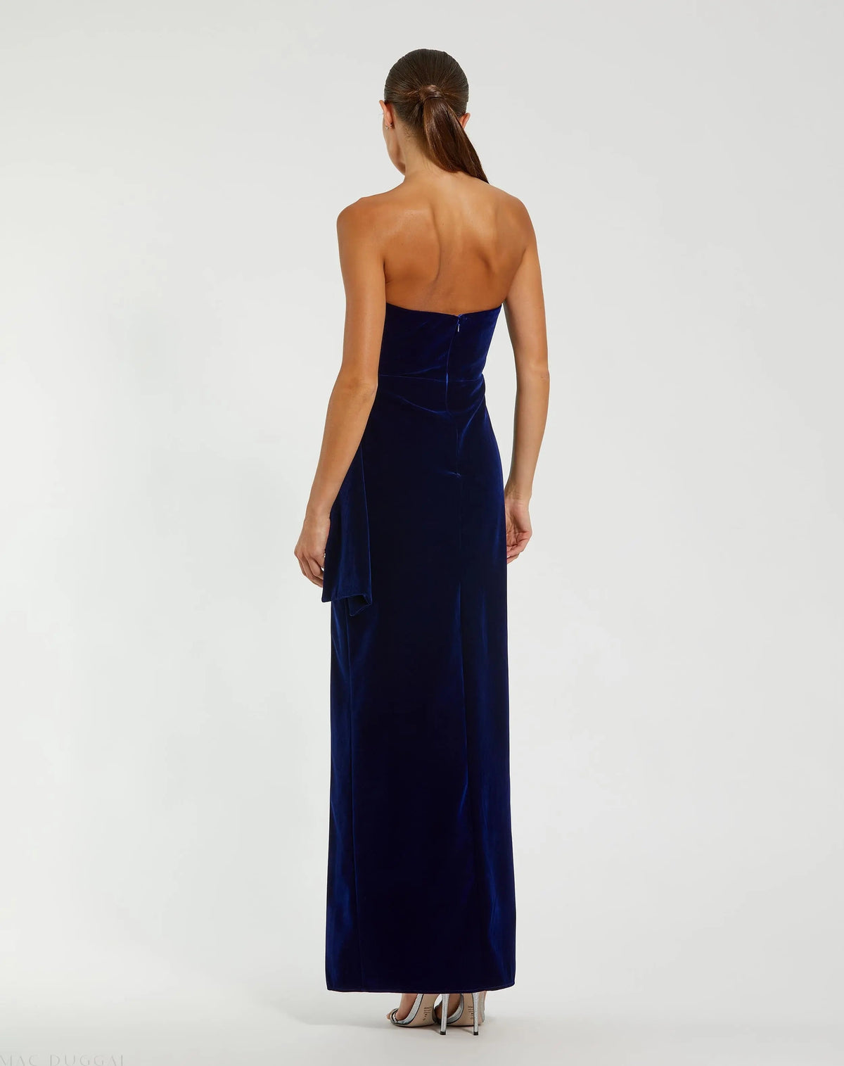Mac Duggal Blue Strapless High Slit Draped Velvet Gown