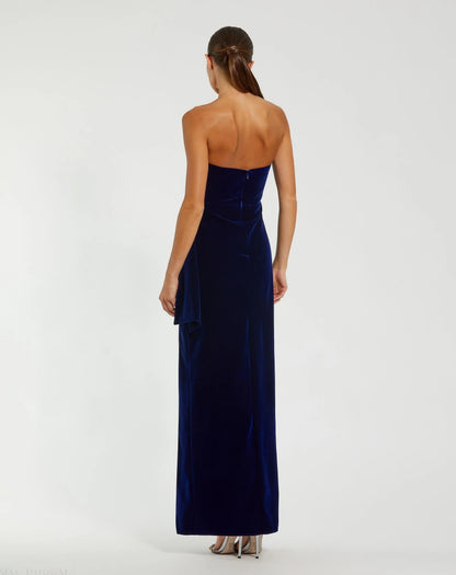 Mac Duggal Blue Strapless High Slit Draped Velvet Gown