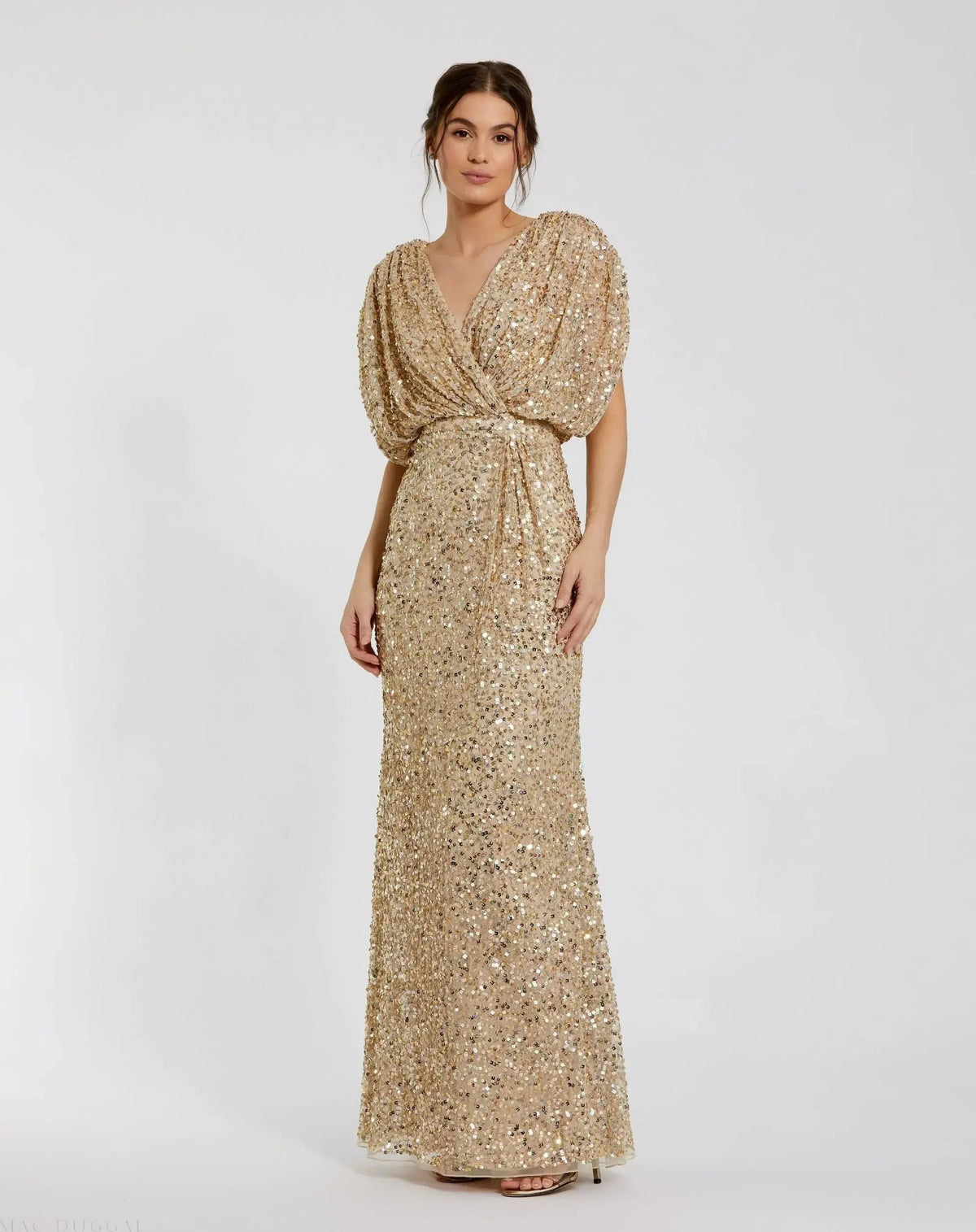 Mac Duggal Gold Sequin Draped Sleeve V-Neck Gown