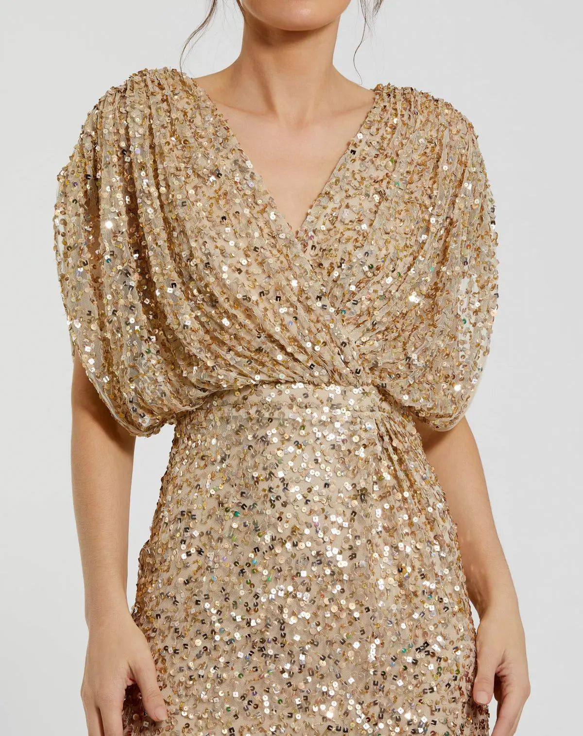 Mac Duggal Gold Sequin Draped Sleeve V-Neck Gown