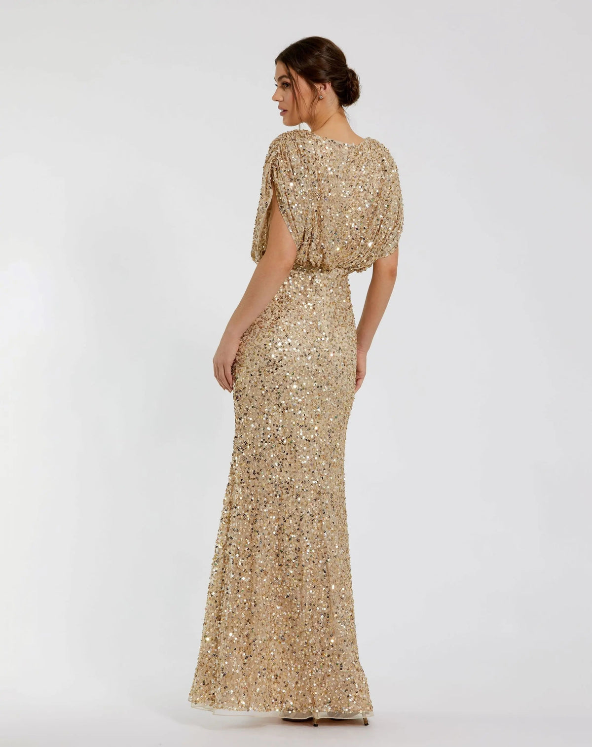 Mac Duggal Gold Sequin Draped Sleeve V-Neck Gown
