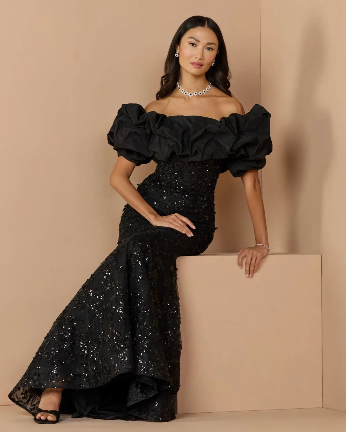 Mac Duggal Black Embellished Mermaid Gown With Off The Shoulder Ruffle