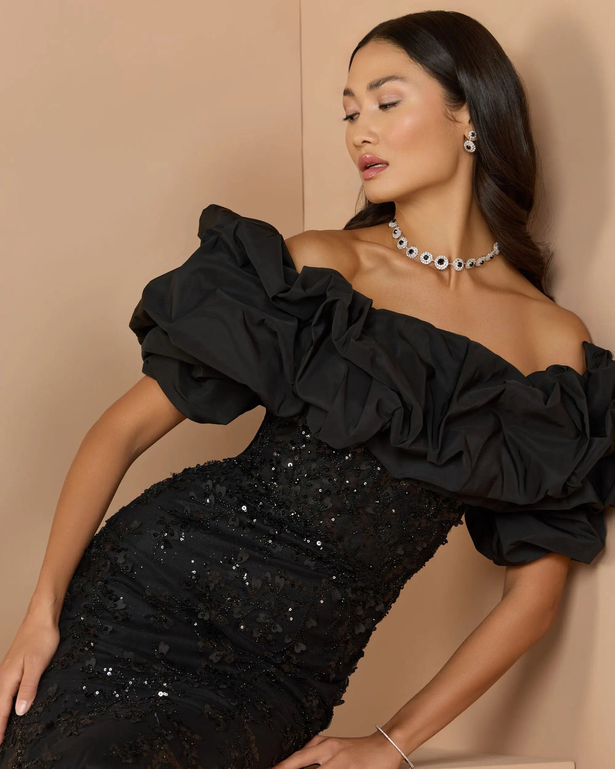 Mac Duggal Black Embellished Mermaid Gown With Off The Shoulder Ruffle