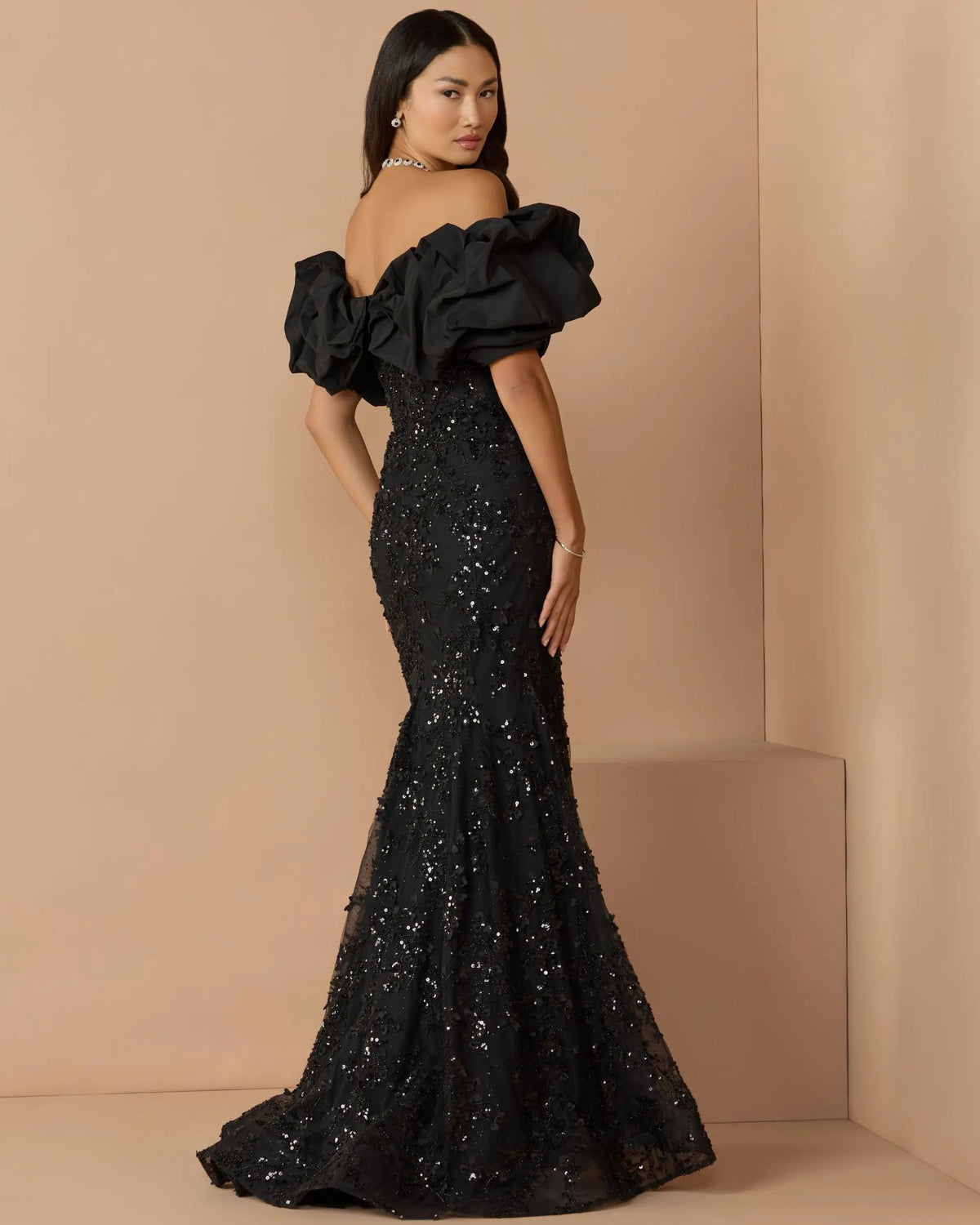 Mac Duggal Black Embellished Mermaid Gown With Off The Shoulder Ruffle