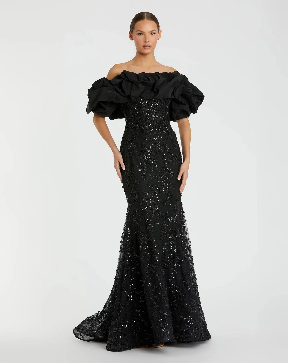 Mac Duggal Black Embellished Mermaid Gown With Off The Shoulder Ruffle