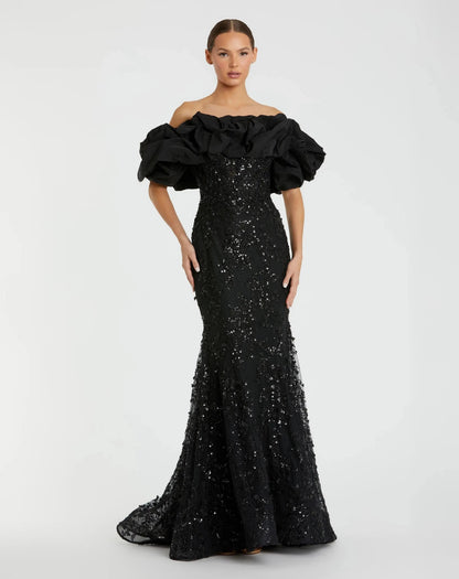 Mac Duggal Black Embellished Mermaid Gown With Off The Shoulder Ruffle