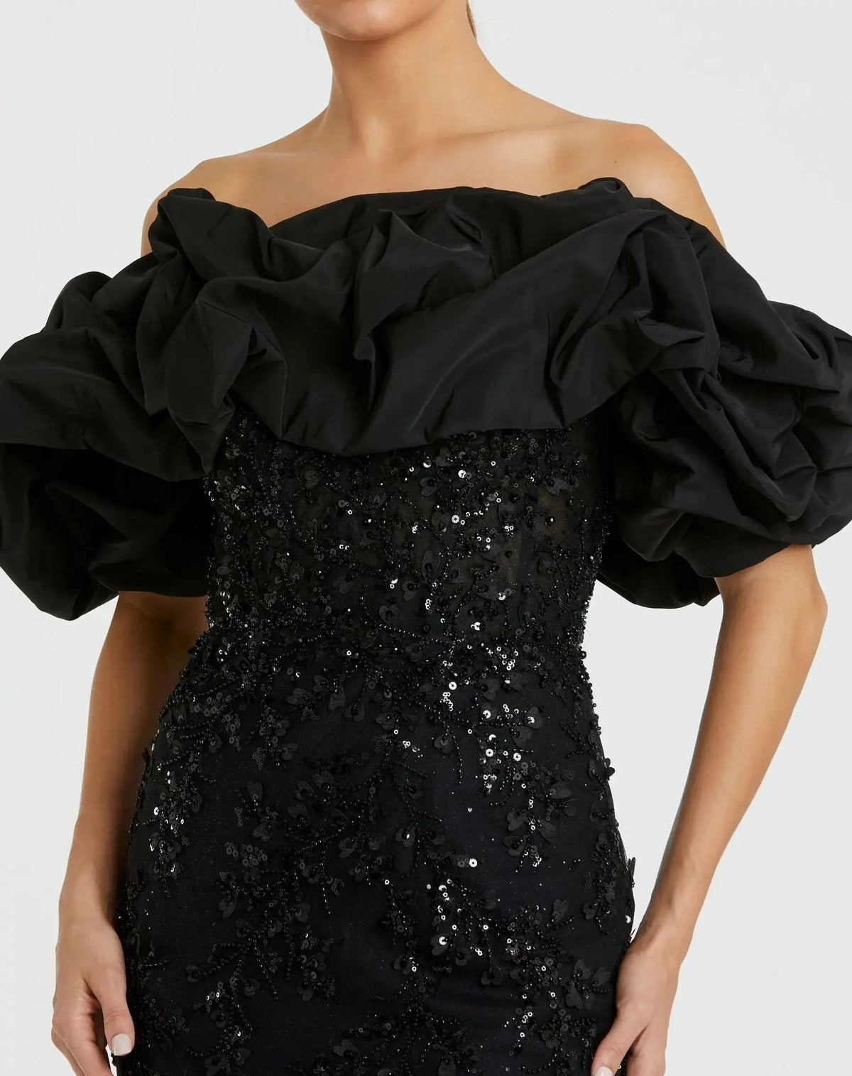 Mac Duggal Black Embellished Mermaid Gown With Off The Shoulder Ruffle