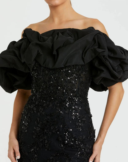 Mac Duggal Black Embellished Mermaid Gown With Off The Shoulder Ruffle