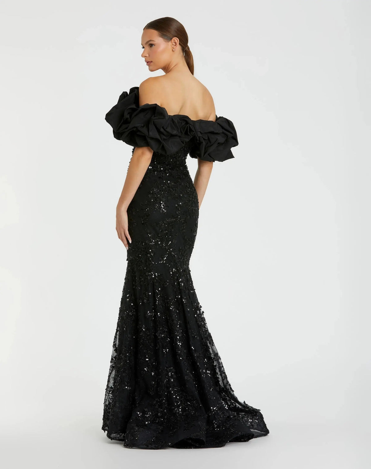 Mac Duggal Black Embellished Mermaid Gown With Off The Shoulder Ruffle