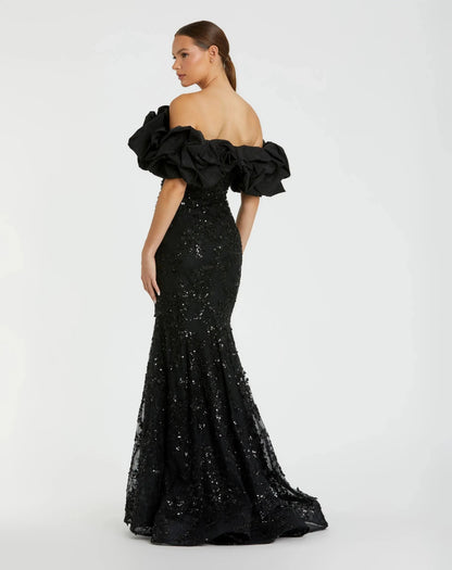 Mac Duggal Black Embellished Mermaid Gown With Off The Shoulder Ruffle