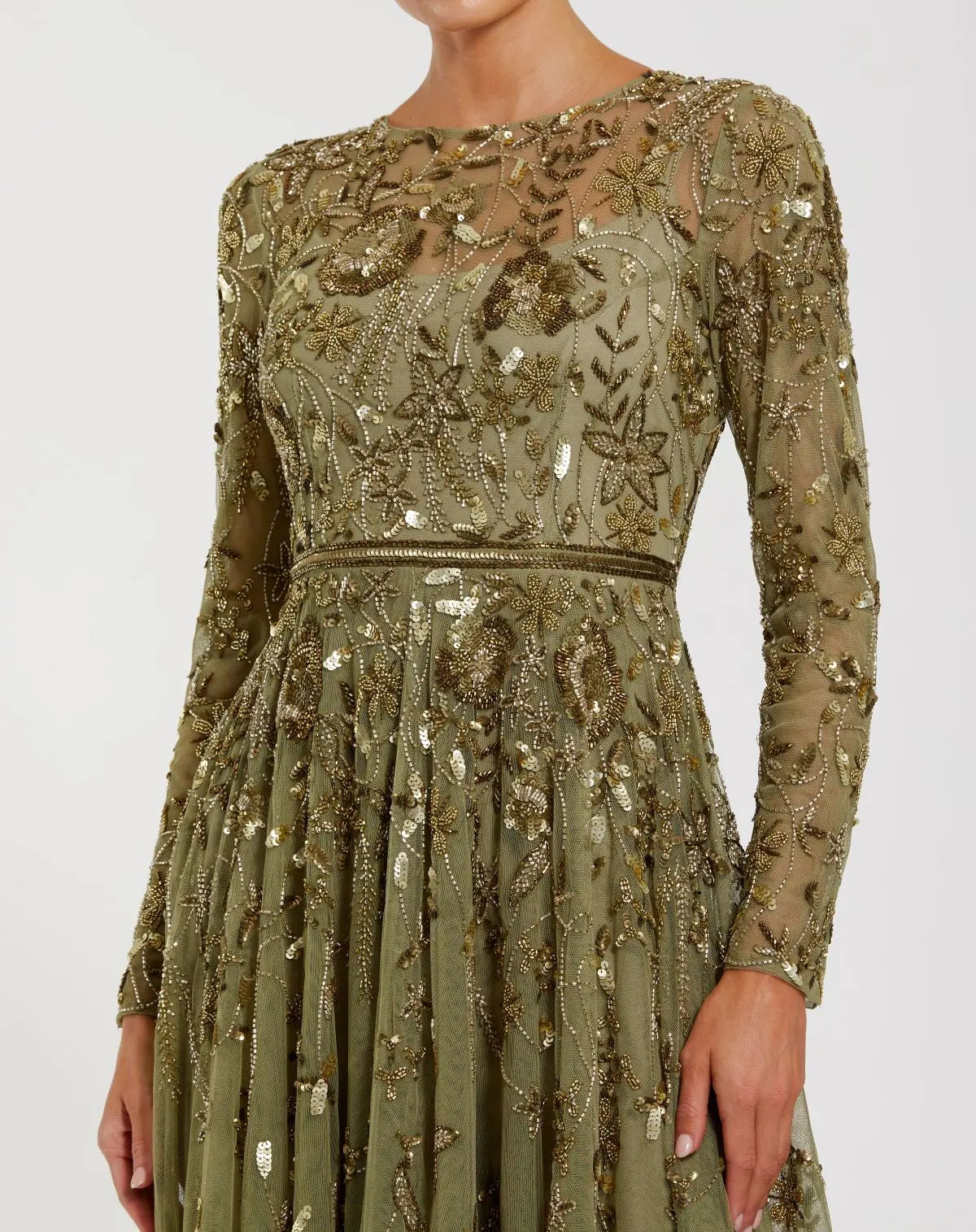 Mac Duggal Green Long Sleeve Hand Embellished Floral A-line Gown