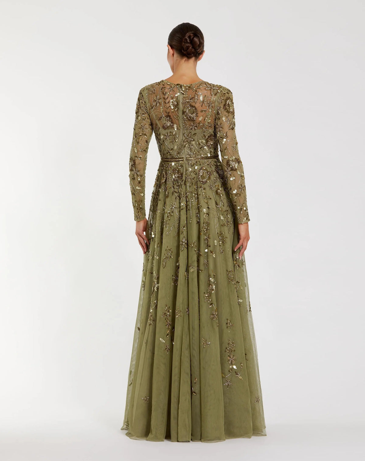 Mac Duggal Green Long Sleeve Hand Embellished Floral A-line Gown