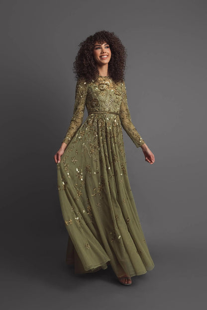 Mac Duggal Green Long Sleeve Hand Embellished Floral A-line Gown