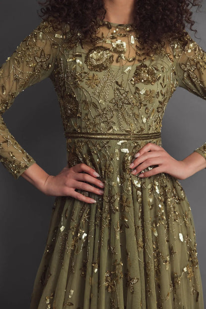 Mac Duggal Green Long Sleeve Hand Embellished Floral A-line Gown
