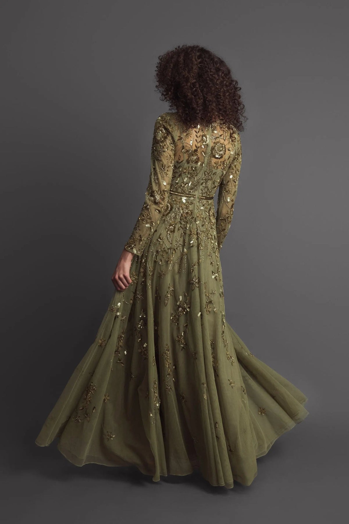 Mac Duggal Green Long Sleeve Hand Embellished Floral A-line Gown