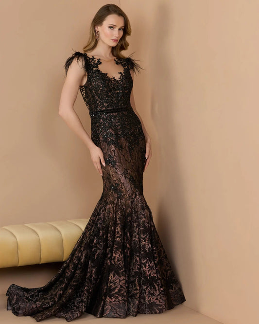 Mac Duggal Black Embellished Lace High Neck Gown With Feather Sleeves