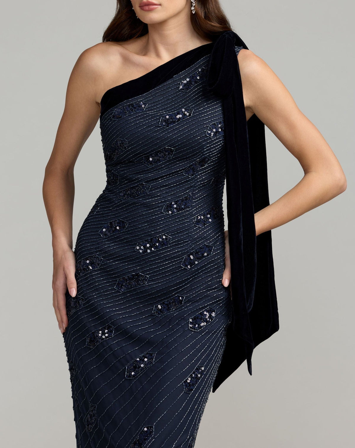 Mac Duggal Navy Beaded One Shoulder Gown With Velvet Bow