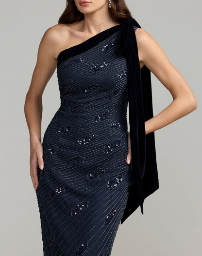 Mac Duggal Navy Beaded One Shoulder Gown With Velvet Bow