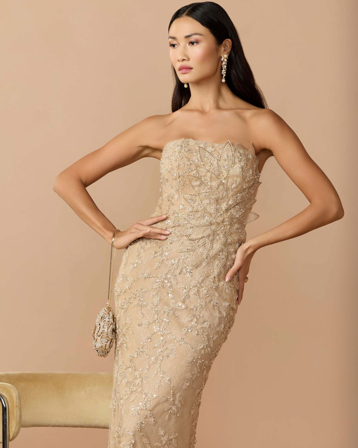 Mac Duggal Petite Beige Strapless Embellished Lace Gown With 3D Flower