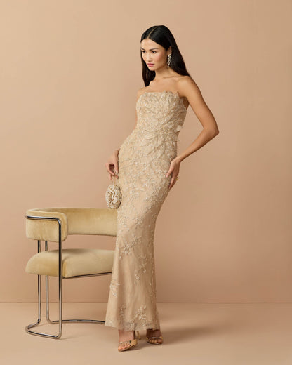 Mac Duggal Petite Beige Strapless Embellished Lace Gown With 3D Flower