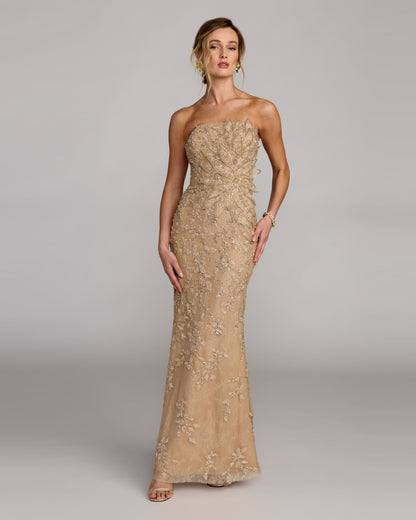 Mac Duggal Petite Beige Strapless Embellished Lace Gown With 3D Flower