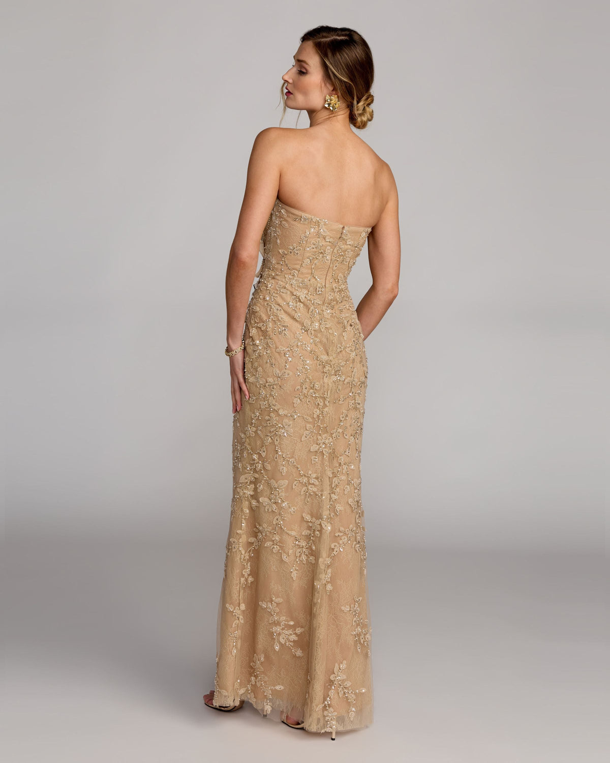 Mac Duggal Petite Beige Strapless Embellished Lace Gown With 3D Flower