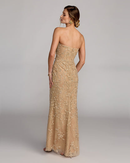 Mac Duggal Petite Beige Strapless Embellished Lace Gown With 3D Flower