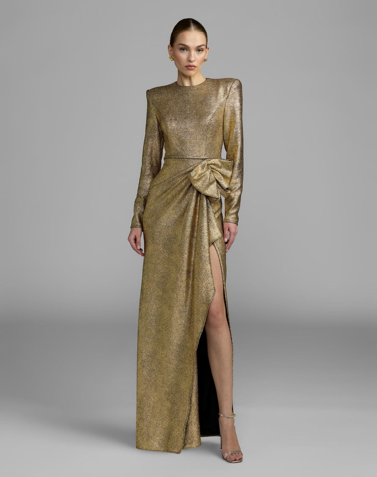 Mac Duggal Gold Metallic Long Sleeve Structured Bow Draped Gown