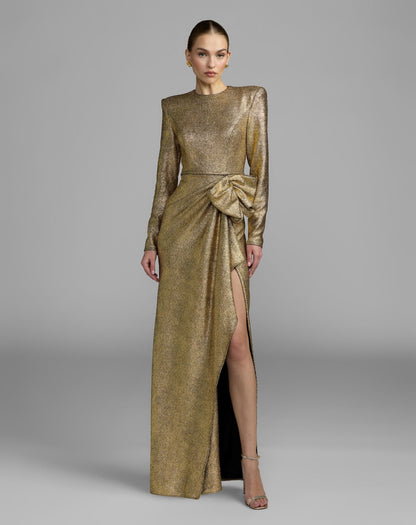 Mac Duggal Gold Metallic Long Sleeve Structured Bow Draped Gown
