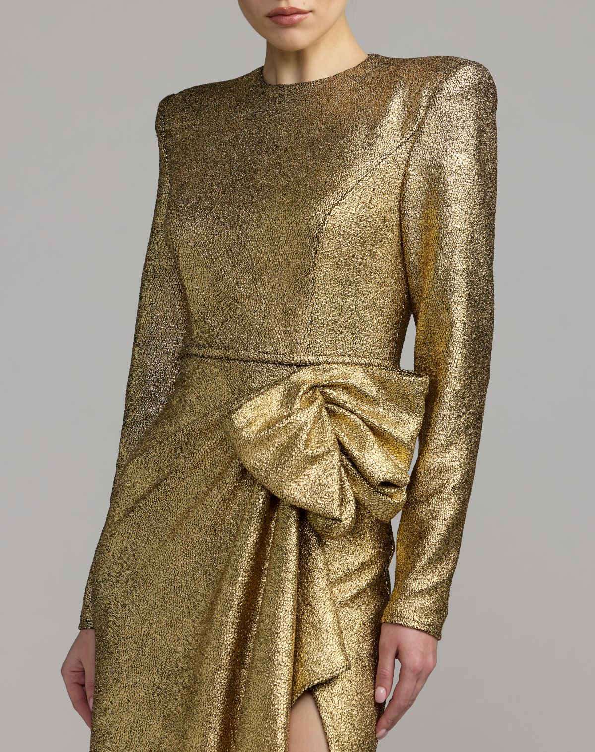 Mac Duggal Gold Metallic Long Sleeve Structured Bow Draped Gown