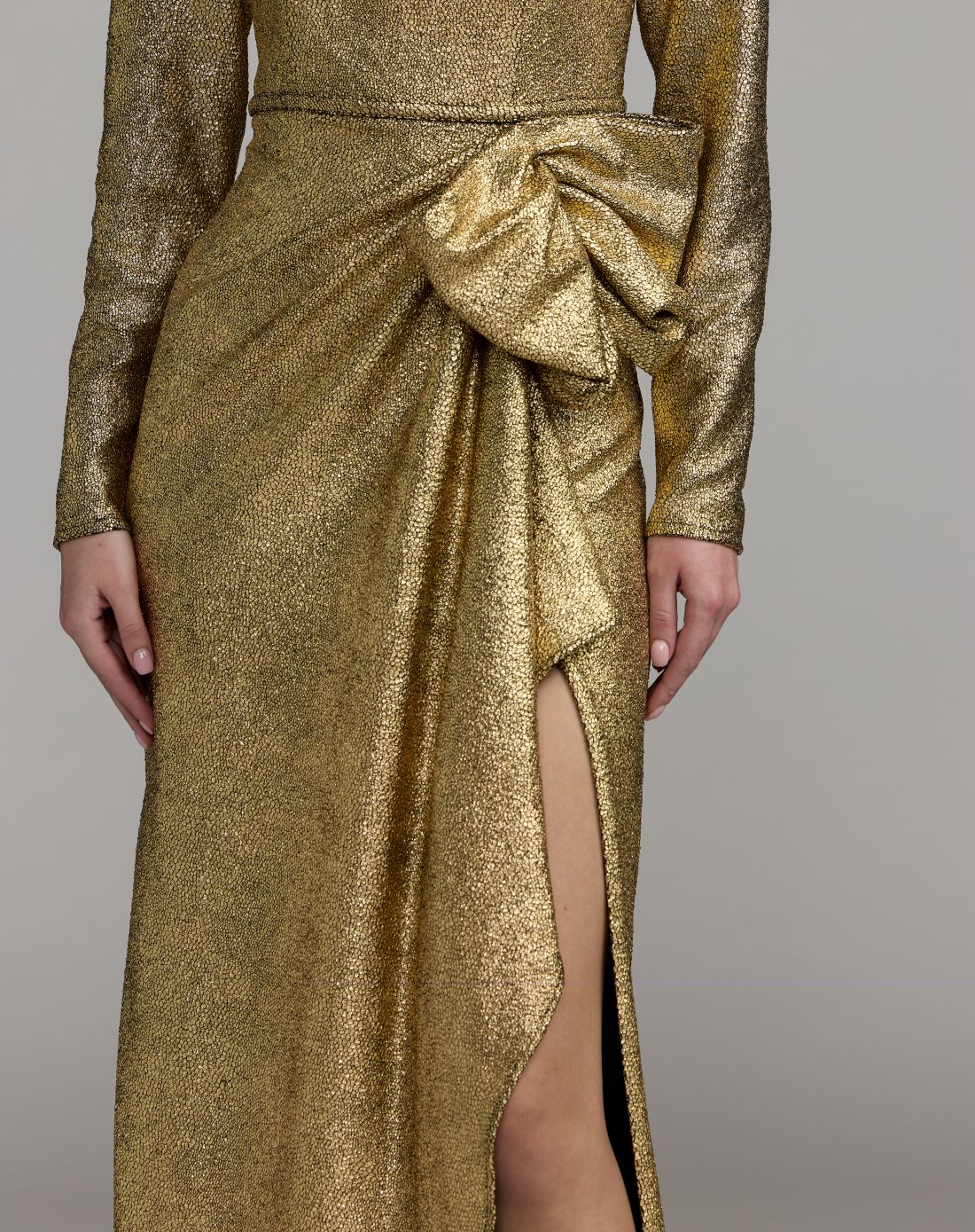 Mac Duggal Gold Metallic Long Sleeve Structured Bow Draped Gown